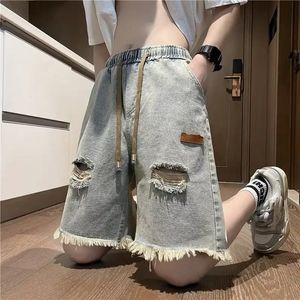 Mens Short Jeans Pants with Pockets Ripped Selvedge Male Denim Shorts Y2k Fashion Original Cowboy Streetwear Cut 240524