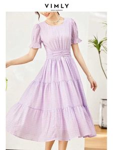 Podstawowe sukienki swobodne Vimly Summer Purple Midi Womens 2023 Fashion Short Slave Tape Frill Swinging Sukienka dla kobiet odzież M1367 Y240524