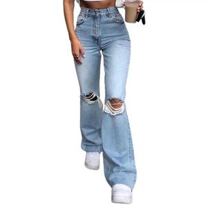 Kvinnors jeans höga midja blå skackstövlar kvinnor klipper jeans fashionabla elastiska knäskakor denim flare byxor casual kvinnor byxor svart 2024 Q240523