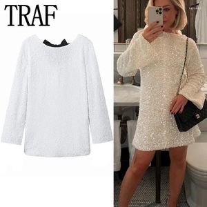 Casual Dresses White Sequin Mini Dress Women Glitter Bow Backless Woman Long Sleeve Elegant For Evening Party