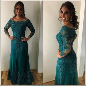 Green Beaded Mermaid Mother Of The Bride Dresses Long Sleeves Off Shoulder Evening Gowns Formal Lace Appliqued Wedding Guest Dress 243a