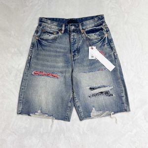 Męskie spodenki Najwyższej jakości Purple ROCA Marka dżins High Street Marka marki retro łatanie perforowana obdarowana krawędź Capris Denim dżins J240522