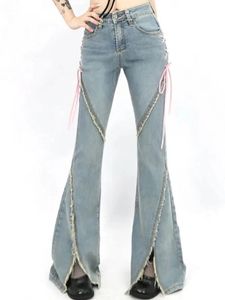 Mulheres americanas retro jeans jeans garotas de cintura alta fenda irregular strap calça de corte de bota ladra azul de jeans de jeans de jeans do fundo