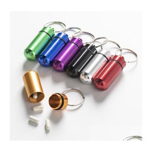 Keychains Lanyards Waterproof Keychain Aluminum Pill Box Case Bottle Cache Holder Container Keyring Medicine Package Health Care Drop Otj4T