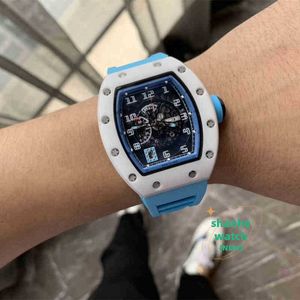 RM Watch Date Business Leisure Mens Automatic Mechanical Watch Sky Blue Ceramic Hollow Out Personlig gummiband Kalender Atime Tide