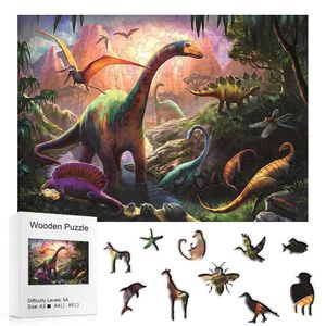 Головоломки деревянные игрушки Montessori Dinosaur World нерегулярная деревянная головоломка и деревянная коробка для взрослых 3D -головоломка детская игрушка Y240524