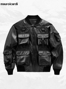 Men's Jackets Mauroicardi Spring and Autumn Ultra Thin Pu Leather Bomber Techwear Jacket Mens Multi Pocket Luxury Designer Clothing 2023 Q240523