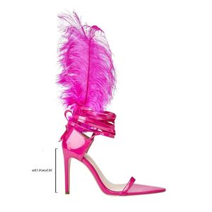 Sheepeskin Sandals 10.5cm 2024 Lady Leather Shiletto High High Cheels Summer Larrow Band One Line-Tie-Tie Peep Toe Open Open Open Lace-Up Feather Par 394