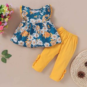 Conjuntos de roupas para roupas de roupas 1-6t Childrens Roupas de menina conjunto de roupas com mangas de camiseta floral+Leggings de cor sólida 2pcs Crianças de banquete infantil garotas wx5.23