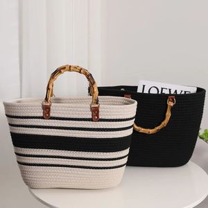 Womens Woven Tote Bamboo Handle Shopping Bag Large Capacity Striped Handbag Casual Fashion Exquisite Clutch Beach 240517