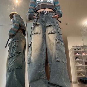 Jeans da lavoro multi -tasca da tasca in stile americano con design alla moda e fresco di strada, pantaloni lunghi sciolti e dritti che trascinano il pavimento