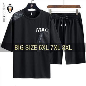 男性TシャツスーツショーツコットンTシャツセット特大6xl 7xl 8xl 8xlプラス半袖Tシャツ男性サマーファッションルーズ240524