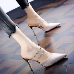 brand Rivets Designer Stiletto Striped Sandals PVC Women sexy Shallow mouth Lady Princess Pumps pointed toe H 87d
