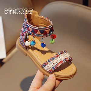 Ethnic Boho Sandals Girls Colorful Bobbles Fringe Sandalias Kids Summer Multicolor Stone Bead Ankle Strap Gladiator Shoes 240513