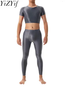 Da bagno da bagno da bagno glossy maschi tracce da uomo 2 pezzi set top t-shirt con leggings sport fitness che corre in abiti da yoga in generale