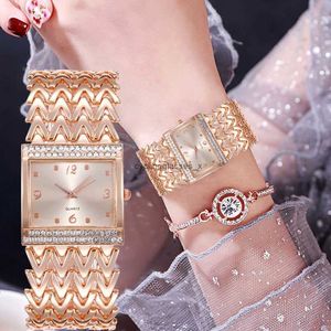 Nya fyrkantiga stålband Womens Watch Set med Diamonds Armband Digital Student Quartz