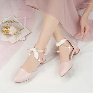 Casual Shoes Summer Sweet String Bead Chain Princess Sandals 2024 Buckle Strap Cover Heel Low Heels White Pink Party Women Plus Size 43