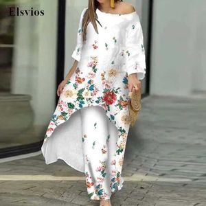 Women's Two Piece Pants Fashion O Neck Mid Dress Suit Casual Floral Print Womens Two-piece Set Sexy Off Shoulder Pullover Tops And Loose Pants Outfits T240523