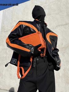 メンズジャケットMauroicardi春と秋のクールなゆるいオレンジと黒いブロック人工革のジャケットメンズの高級デザイナーZipper Clothing Q240523