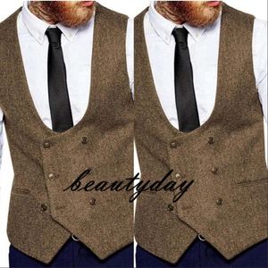 2020 Brown Groom kamizelki wełna ślubna wełna ślubna Tweed kamizelka Slim Fit Męska kamizelka dla garnituru Dress Caistcoat Farm Groomsmen ATT 266D