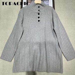 Casual Dresses 11.8 TOPACHIC Women's Fashion Turtleneck Button Decoration Long Sleeve Knitted Cashmere Gray Dress