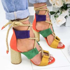 Kvinnor Puimentiua 2019 Heel Pointed Fashion Sandals Hemp Rope Lace Up Platform Sandal Zapatos de Mujer Drop S B9B