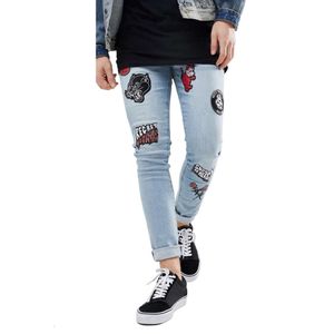 Fashionable embroidered patches, elastic slim fit jeans, personalized printed oversized men's jeans M524 39