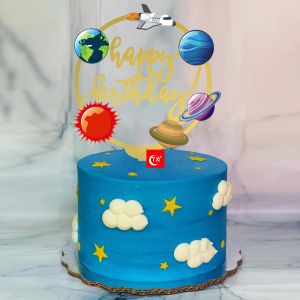 Spacecraft Rocket Happy Birthday Cake Toppers Acrylic Outer Space Astronaut Cake Flags Kids Birthday Party Cake Baking Decor