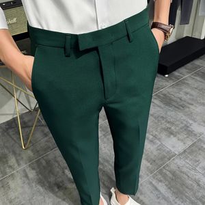 2024 Summer Fashion Mens Dark Green Suit Pants Pure Color Business Ockupation Slim Fit Dress Office Ankle Trousers 240521