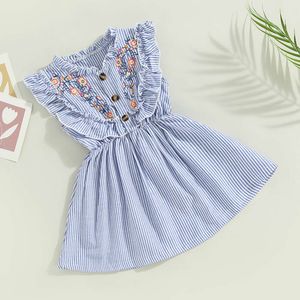 Criança infantil menina verão adorável 3-7 anos mangas babados de mangas botão descendo o vestido de impressão listrada floral