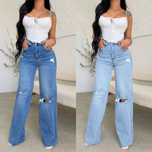 Women's Jeans 2023 Autumn New Womens High Waist Tear Jeans Fashion Loose denim Wide Legged Pants Casual Womens Trousers S-2XL Direct Shipping Q240523