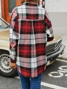 Ny koreansk stil långärmad kvinnors fashionabla design high-end pläd topp med fickor veckad lös skjorta