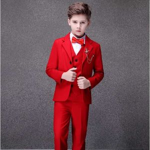 Kinder Jacke Weste Hosen Bowtie 4pcs Foto Teenager Tuxedo Kleid Kinder Geburtstag Kostüm Blume Jungen Roter Hochzeitsanzug