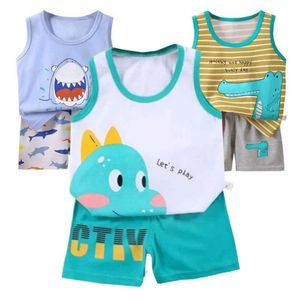 Clothing Sets Rompers 1-6 pieces of childrens baby boy vest+shorts 2 pieces of clothing set with cartoon print summer girl cotton sports and leisure clothing set WX5.23