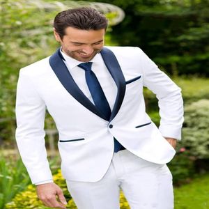 Дешевые изготовленные на заказ белые смокинг -смокинг -синий лацвет лучший костюм для жениха мужские свадебные костюмы Slim Fit Bridegroom Business Supt Jacket Bannes 268a