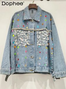 Women's Jackets Exquisite Rhinestone Sequined Vintage Washed Cotton Denim Coat Women 2024 Spring Autumn Loose Single-Breasted Jacket Top