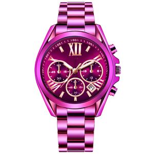 Дизайнерские часы Purple Women Watch Business Водонепроницаемые женщины из нержавеющей стали Женщины три циферблата.