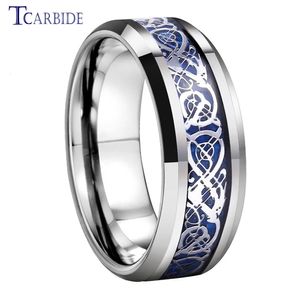 8mm Womens Mens Wedding Band Tungsten Carbide Ring with Blue Carbon Fiber och Dragon Inlay Trendy Gift Jewelry Comfort Fit 240522