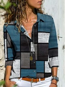 2024ファッション女性のブラウス幾何学的ブロック印刷ボタン長袖カジュアルシャツフィットサマーレミスシャツ