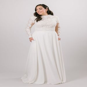 Koronkowe szyfonowe sukienki ślubne o wielkości 2020 z długimi rękawami Vintage Eleganckie skromne suknie ślubne z kieszeniami 312b