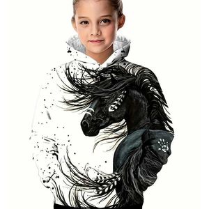 Hoodies Sweatshirts 2024 Pferd Graphic 3D Printed Hoodies für Mädchen Jungen lässige Pullover Langarm Hoodie Boy Girl Sweatshirt für Kinder Hoodie Tops T240524