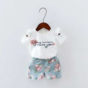 衣類セット女の女の子の服の花柄のプリント短袖ストラップレスTシャツ+パンツ2ピースの子供レンズセットWX5.23374
