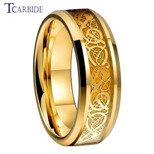 8MM Tungsten Engagement Wedding Band Ring For Men Women Carbon Fiber Based Dragon Inlay Nice Gift Jewelry Comfort Fit 240522
