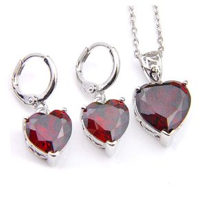 Luckyshine 5 zestawów biżuterii ślubnej Zestawy biżuterii wisiorki Kolczyki serce czerwone klejnoty granatowe 925 Srebrne naszyjniki Silności Prezent 254N