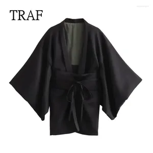 Bloups feminina camisa preta Mulheres Kimono Vintage Blouse cinto feminino Camisetas soltas e Mulher de manga longa Top de verão