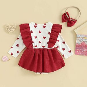 Valentine's Day Baby Girls Sweet Romper Dress 2pcs Long Sleeve Heart Print Corduroy Bow Jumpsuits with Headband