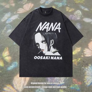 Vintage Black Oversized T-Shirt Japanese Comics Cartoon Oosaki Nana Graphic Print Washed Tshirt 2024 Harajuku Hip Hop Tee Tops