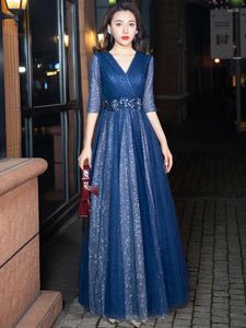 Вечеринка с блестящими синим V-образным вечерним платьем элегантное аппликация женщин Слим A-Line Long Ball Gown Женский формальный