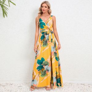 2024 Vestidos de praia femininos de estampa floral de algodão de verão Strap Split Slim Casual Long Woman Dress BKWD24005