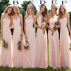 2019 tanie różowe sukienki druhny Summer boho szyfonowa sukienka druhna na plażę imprezową marszczenia ślubne gości